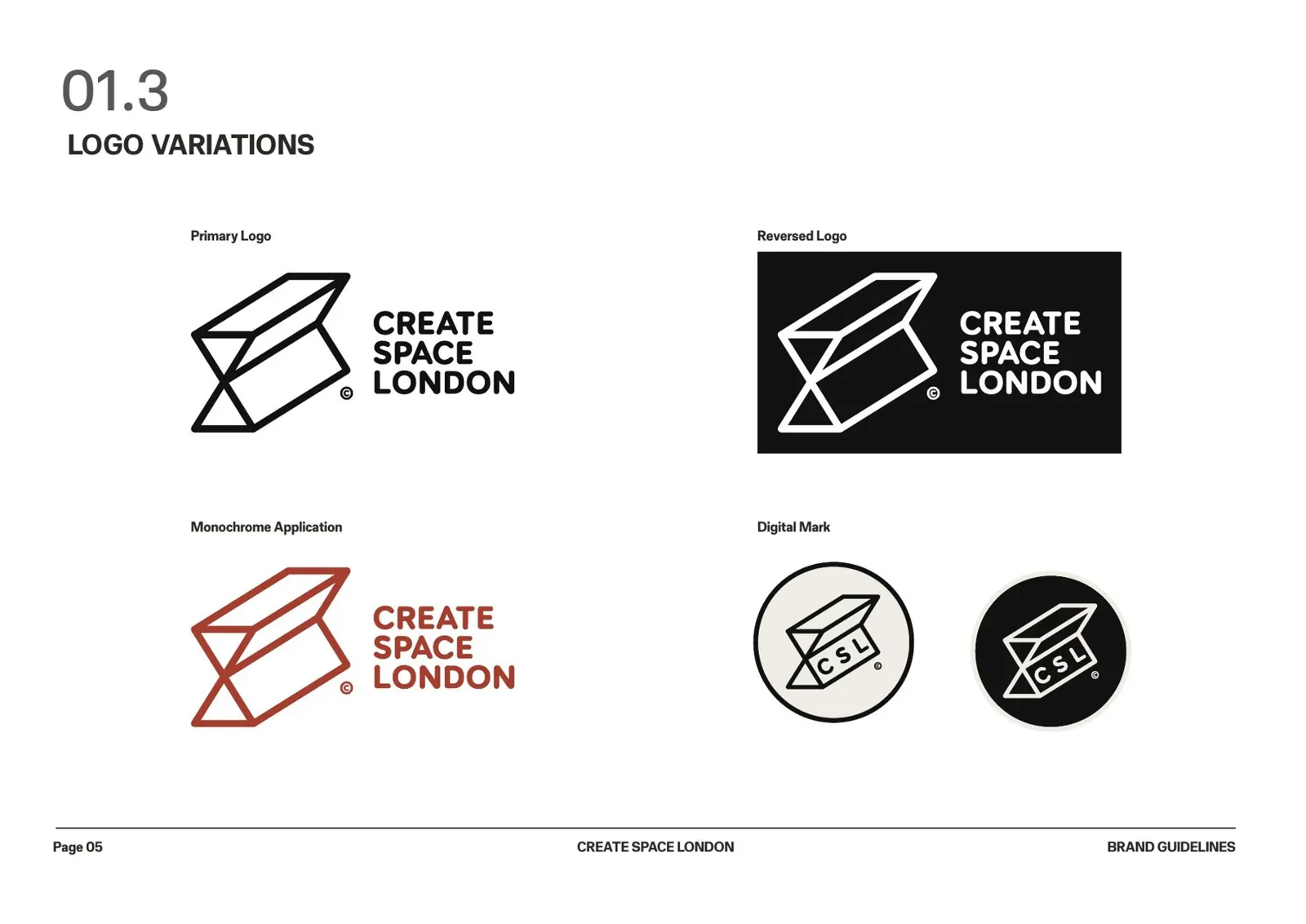 Create Space London brand guidelines, logo variations