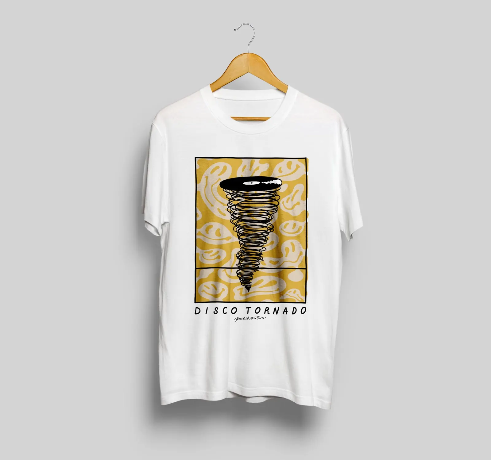 Limited edition t-shirt design on a hanger