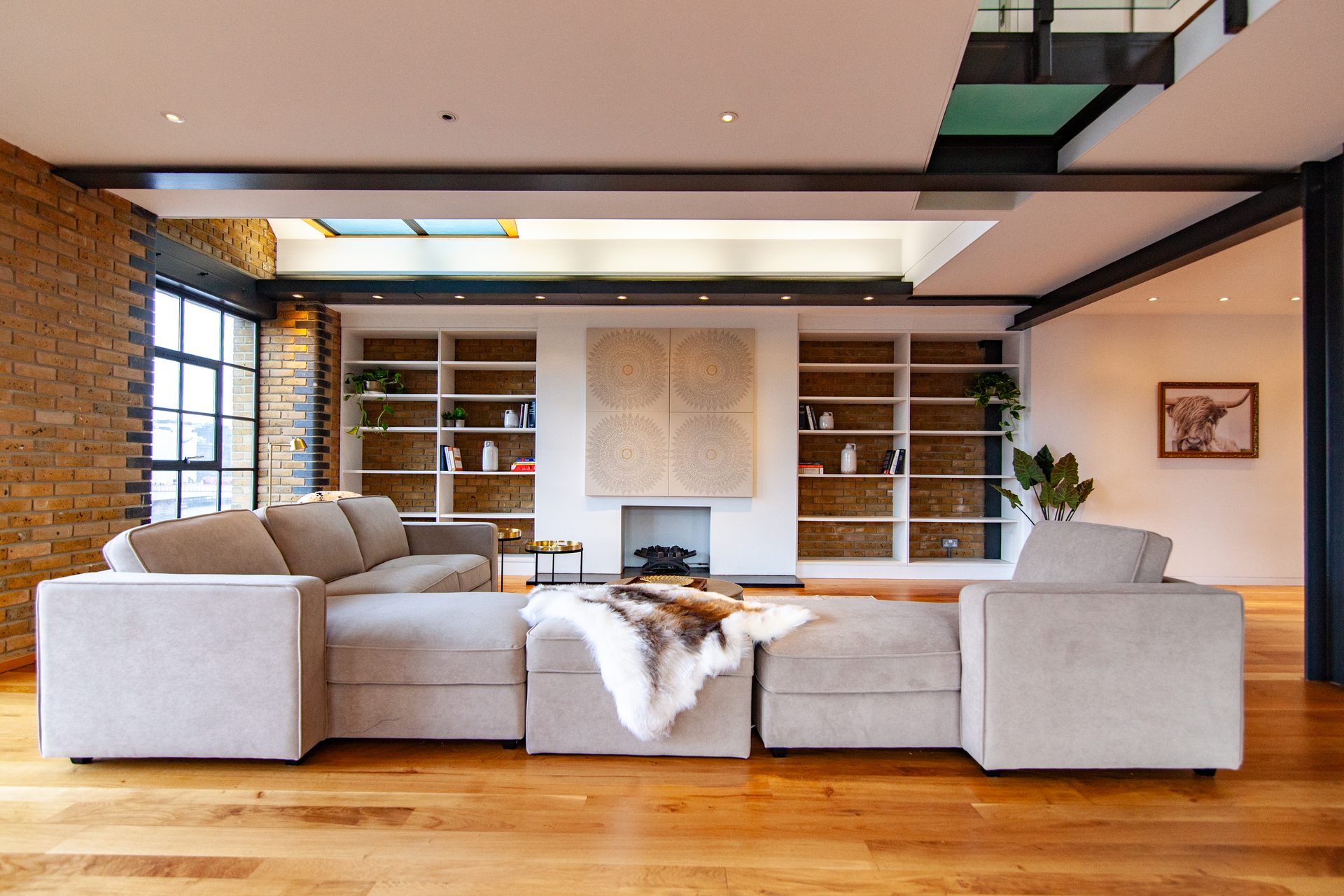 Fireplace and bookshelves